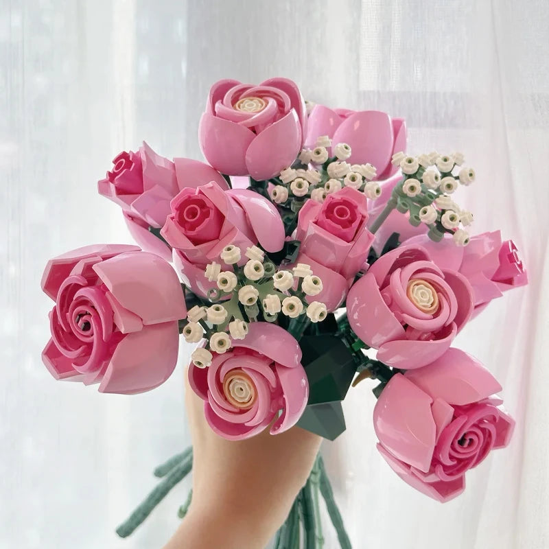 Pink Rose Building Blocks Bouquet Set
